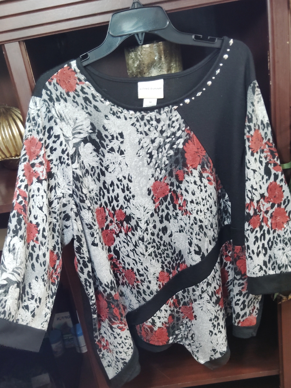 Alfred Dunner Black, Red and White Floral-Leopard Mixed Print Pullover
